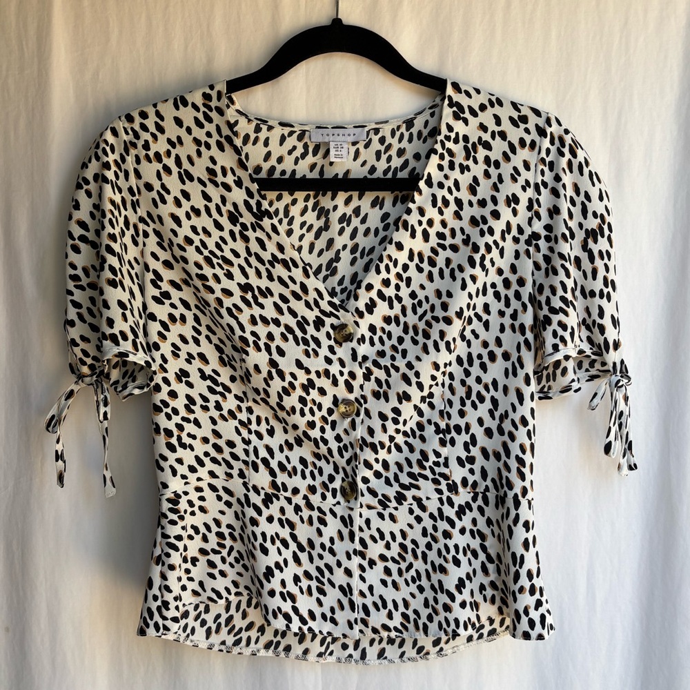 Topshop Abstract Animal Print Button Front Peplum Blouse Tie Sleeve Size 6